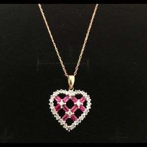 10k Gold Necklace Heart Shape Rubies & Diamonds